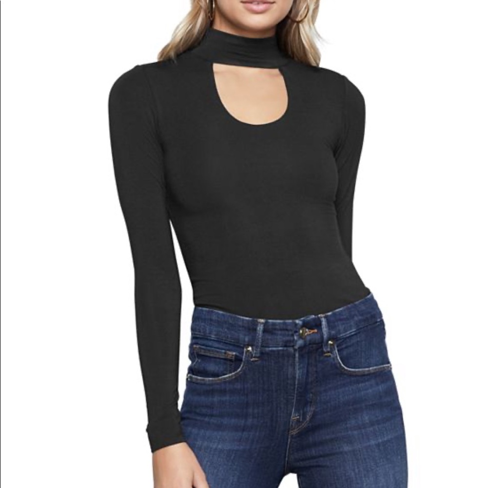 Good American Black Mock Neck Keyhole Long Slv Top